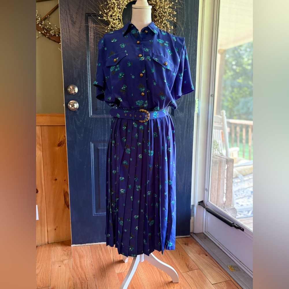 Blue Midi Dress 80s Blouson Floral Print Dress Button Back 80s Draped High Waist